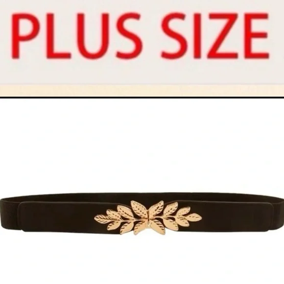 Plus Size Black Waist Belt with Gold Leaf Accent