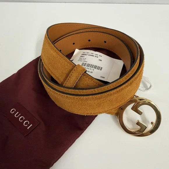 Gucci Suede Blondie Belt Cognac NWT GG Gold Interlocking Buckle Size 100