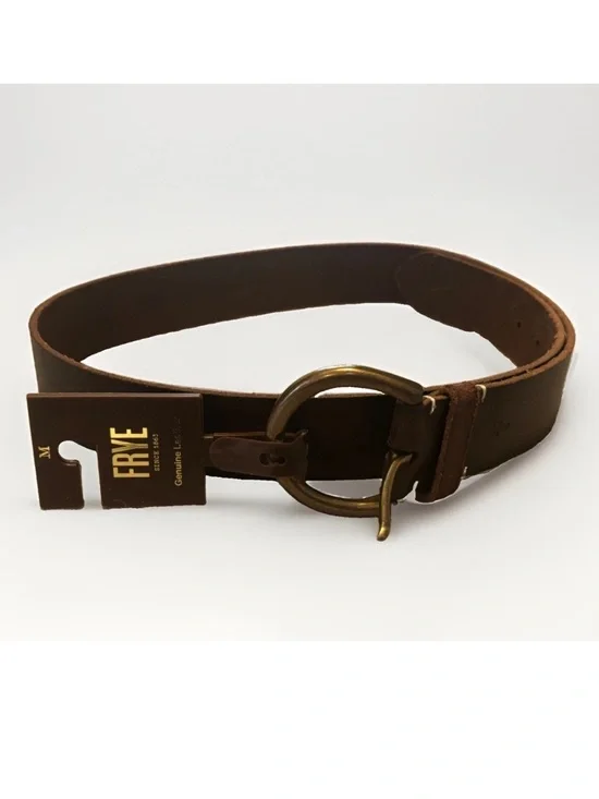 Frye Brown Leather Belt with Antique Brass Round Buckle Classic Country