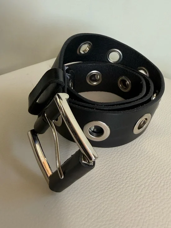 Black Leather Grommet Belt with Silver Hardware