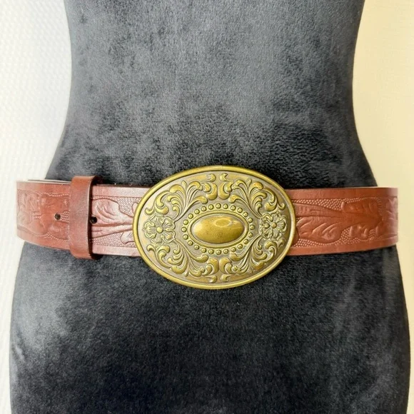 EXPRESS Genuine Italian Leather Embossed Belt Bronze Floral Hinged Buckle Size M