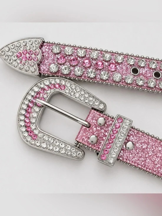 Quality rhinestone, glitter leather, silvertone grommet western belt- 37-43