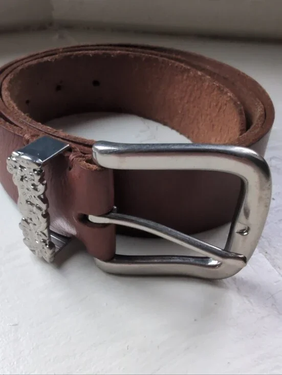 Vintage AE brown real leather belt with silver floral buckle