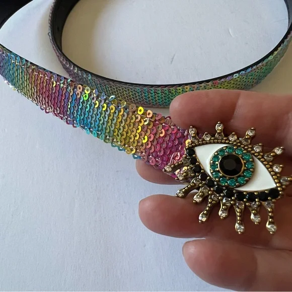 KURT GEIGER LONDON RAINBOW SEQUIN CRYSTAL EVIL EYE BELT SIZE S/M NWT