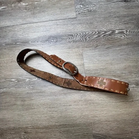 Leather Belt Womens XL Brown Studded Cross Whipstitch Western Boho
