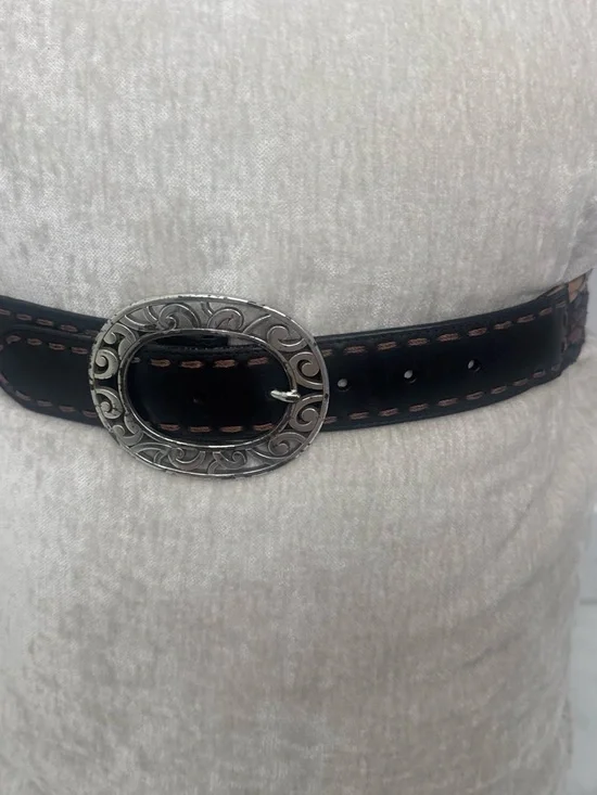 Brighton Black Leather Belt with Silver Filigree Oval Buckle