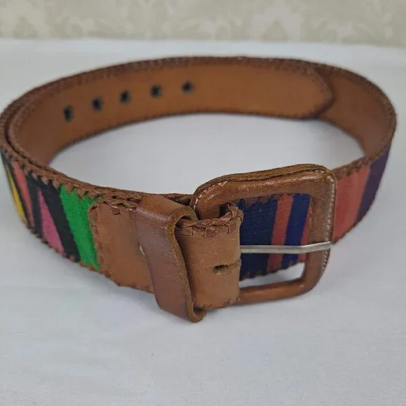 Colorful Cotton and Leather Belt Size Large Colorblock Made in Guatemala