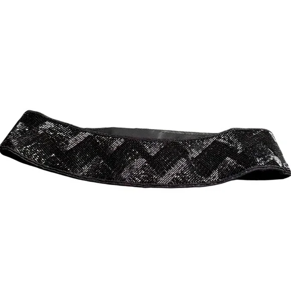 Vintage Black Beaded Wide Waist Belt Geometric Bugle Bead Velcro Closure 33 Inch