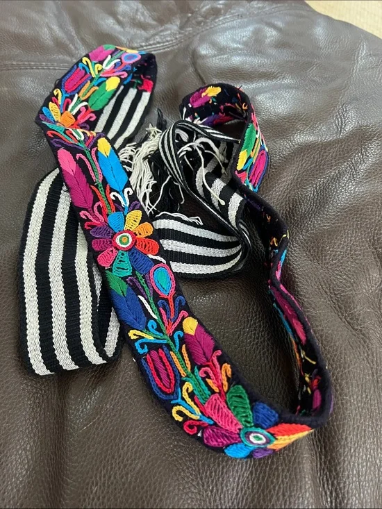 Black Embroidered Floral Belt with Multicolor Flowers