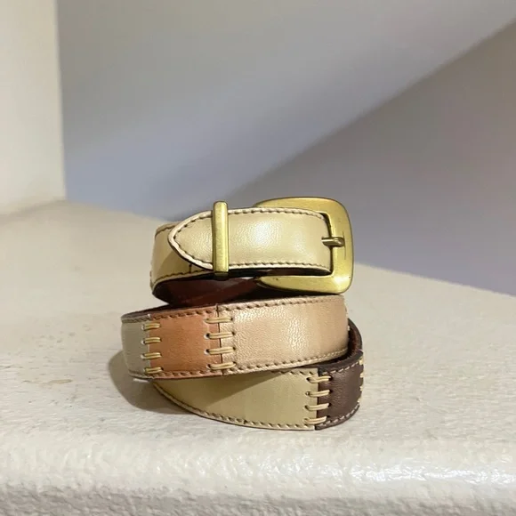 FOSSIL Leather Multi-Color Stitched Sections Belt GoldTone Size Medium‎