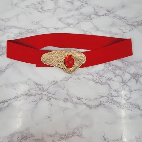 Vintage 80s Red Stretch Belt with Hammered Metal Gold Buckle Red Gem