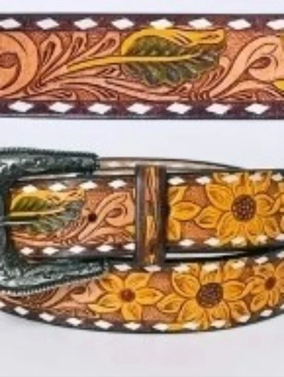 Hand-Tooled Brown Leather Floral Sunflower Men's Belt