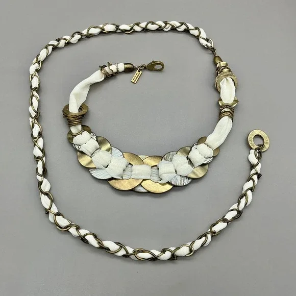 Chico's Belt Women Gold Tone White Fabric Chain Link Woven Medallion 44 Inches