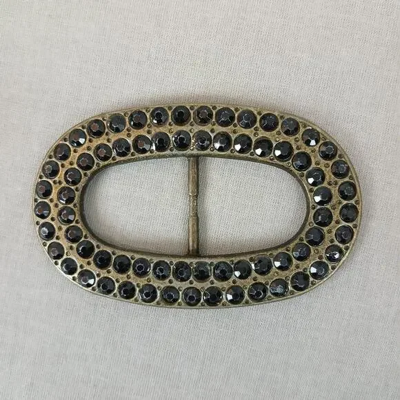 Oval brass vintage belt buckle studded with black rhinestones 4