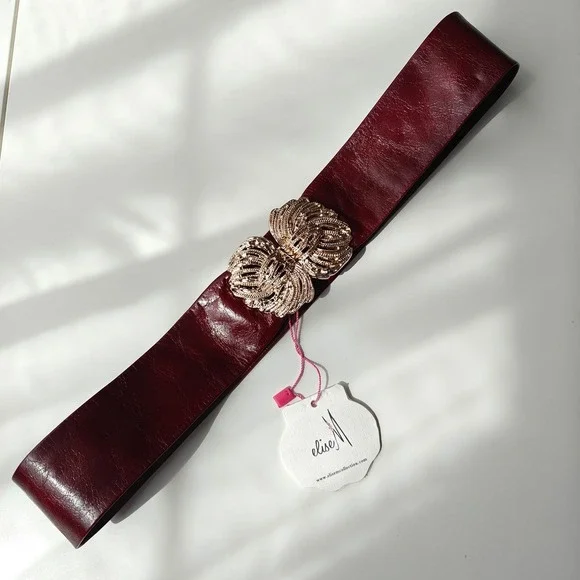 Elise M Bella Wine Burgundy Leather Belts Wide Waist Gold Buckle Size M/L New