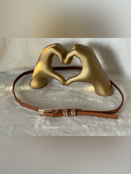 Vintage, thin, leather, gold, buckle belt, brown, extra large