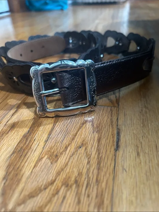 Brighton Brown/Pewter Leather Scalloped Belt with Engraved Silver Buckle