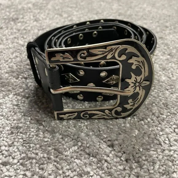 Unbranded Black Leather Belt Womens 46 Metal Studded Floral Buckle Ladies