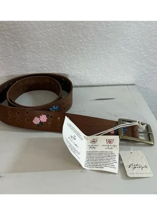 Free People Eye Candy Brown Leather Belt with Pink & Blue Floral Embroidery