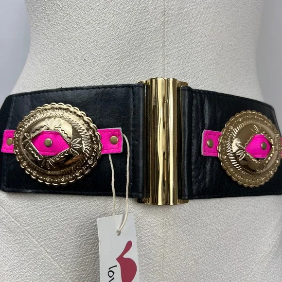 Lovestrength‎ Minx Belt Black Neon Pink Gold Concho Elastic Waist S112 NWT