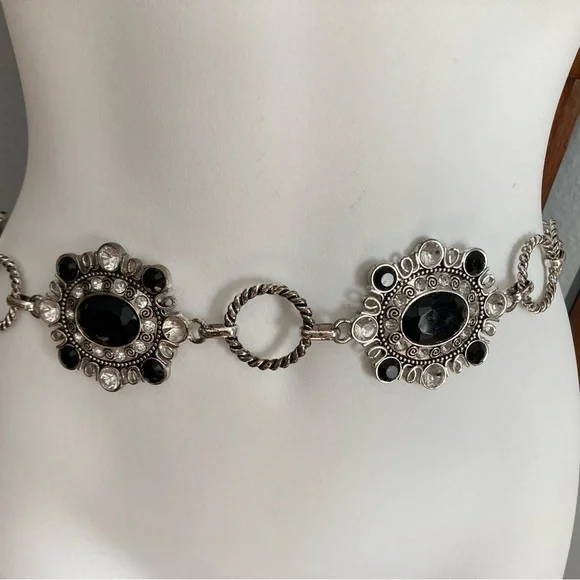 Chico Chain Silver Belt Rhinestones Black Stone 50”