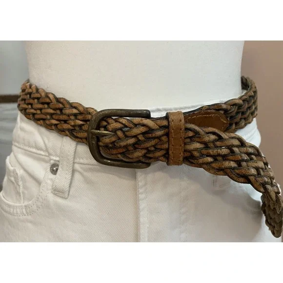 Charter Club Braided Leather Belt Brown Woven Brass Buckle Adjustable‎