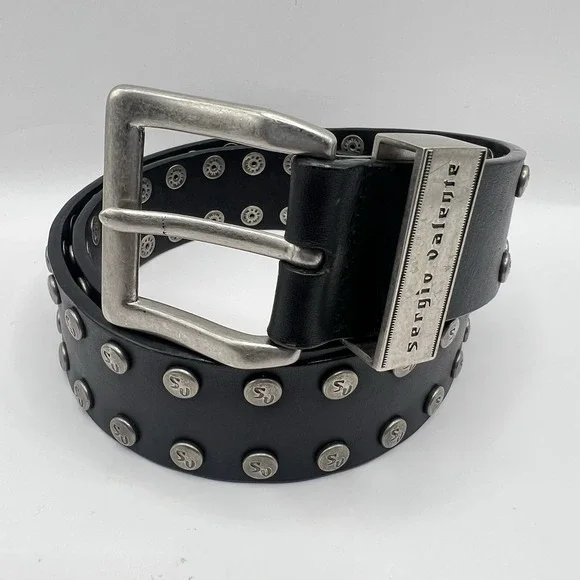 Y2K Sergio Valente Studded Leather Belt Unisex M (29-33) Black Biker Western