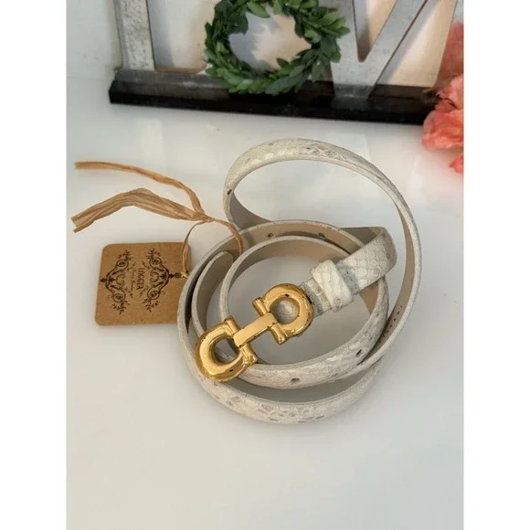 Anna Pellissari Size L Gold Tone Buckle Beige Gray Animal Print Leather Belt NWT