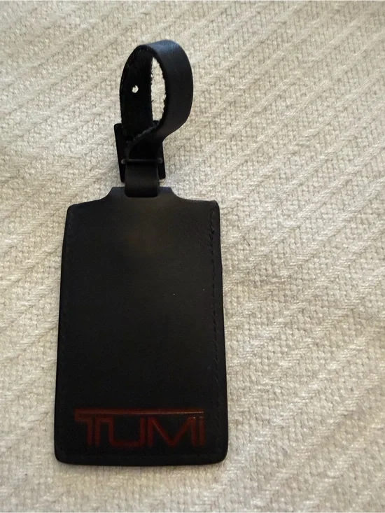 Tumi Black Leather Luggage Tag with Red Logo