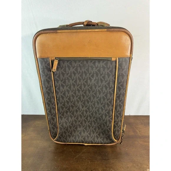 Vintage Michael Kors MK Monogram Rolling Carry-On Suitcase Faux Leather Brown