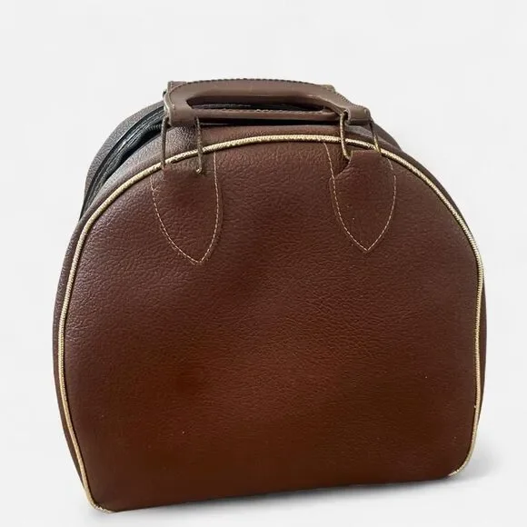 Vintage 70s Brown Vinyl Bowling Bag with Gold Trim.