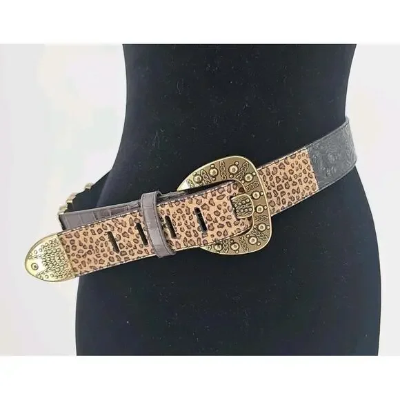Chico's‎ Women's Leather Belt Small Black Animal Print Gold Buckle