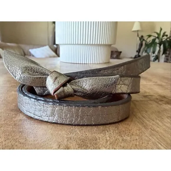 Banana Republic Metallic Leather Skinny Belt Knot Style Pewter Silver