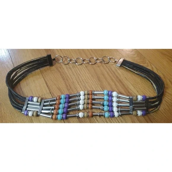 Black Leather &‎ Multi Color Wood and Plastic Beads Chain Belt Boho Hippie