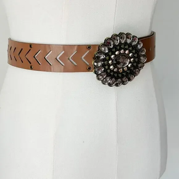 Womens Y2K‎ Brown Faux Suede Statement Belt Size 7 Round Jeweled Buckle Western