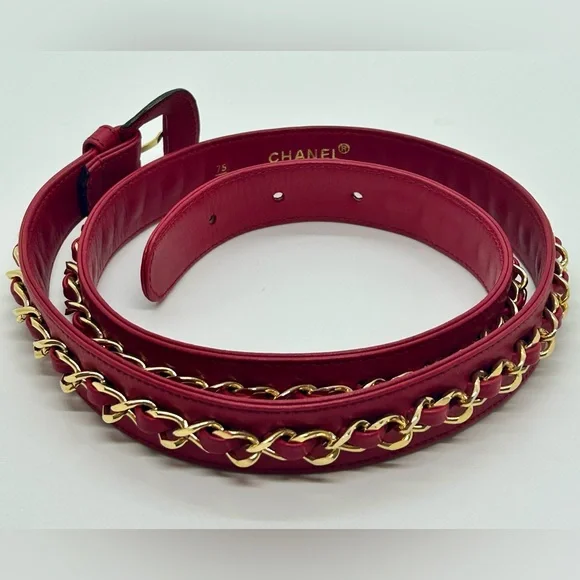 CHANEL Vintage Gold Chain Red Leather Belt NEW CONDITION