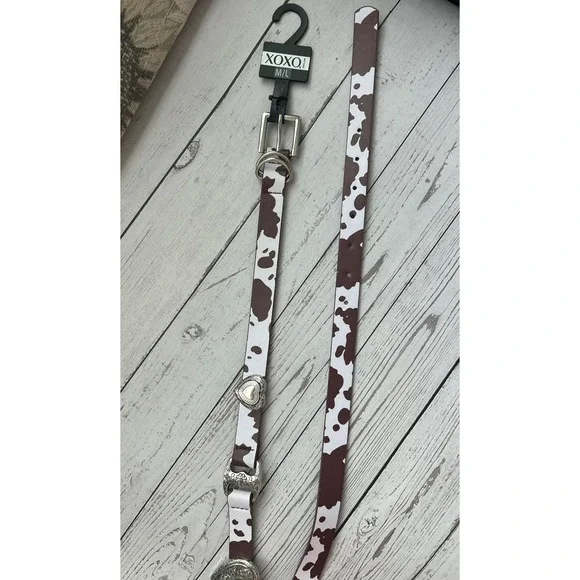 XOXO Womens Cow‎ Print Belt Brown White Heart Charms Western Silver Hardware M/L