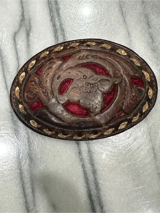 Circle Y Tooled‎ Leather Belt Buckle Vintage Western Bird Red Velvet