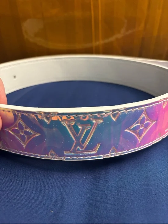 New  Iridescent Monogram Belt with Gold LV Buckle - White/Purple/Blue