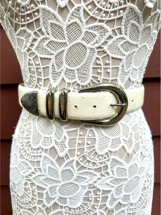 White Faux Leather Belt with Silver Buckle
