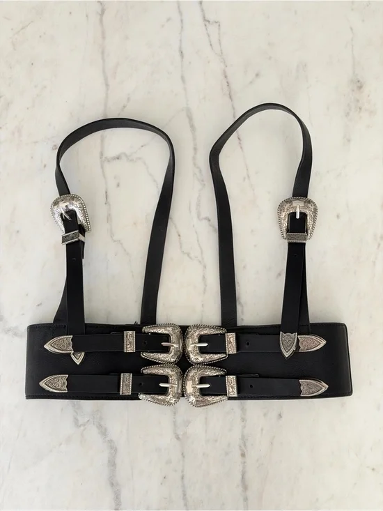 Black Western Double Buckle Waist Belt Harness Size M/L