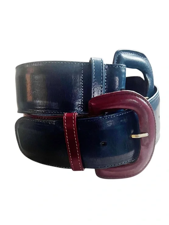 Ginnie Johansen Vintage Navy/Brown Leather Adjustable 2 Buckle Belt