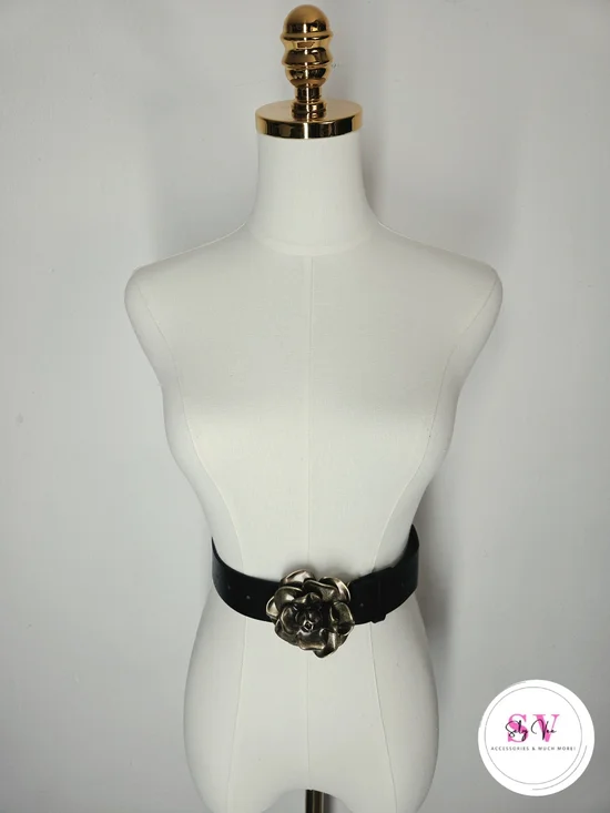 Black Belt with Gold Flower Buckle