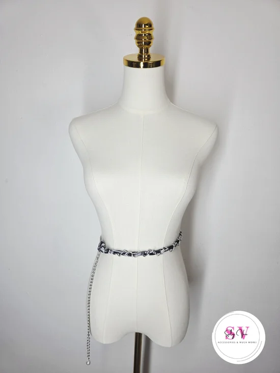 Silver chain belt with black and white Scarf
