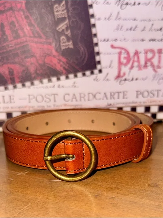 NwoT Aeropostale Orangish Tan Faux Leather Belt w/Round Brass Buckle-M/L-EC