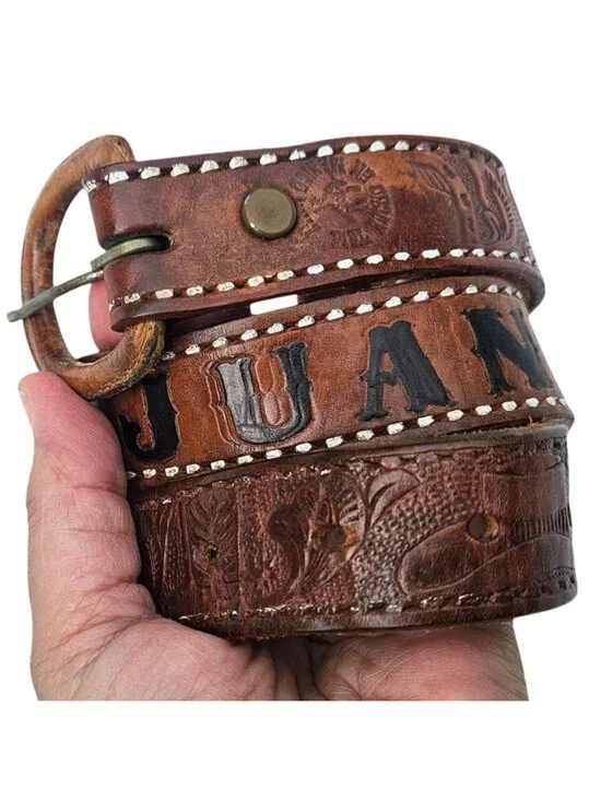 Vintage Mexican Hand Tooled Leather Belt JUAN Hecho en Mexico Western S/30