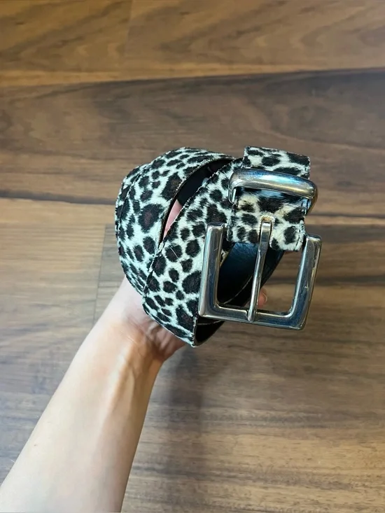 Vintage Faux Fur Leopard print leather belt with silver hardware