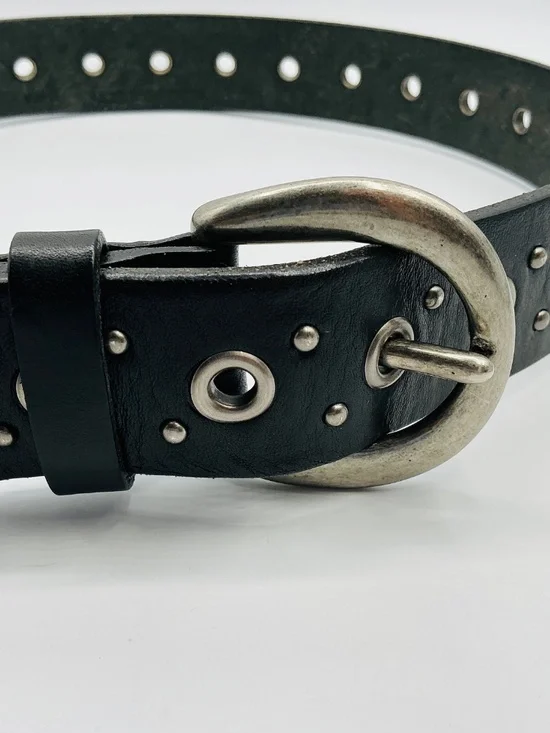 VTG Belt Black Leather Eyelet Grommet Studded Waist Gothic Grunge Solid Brass