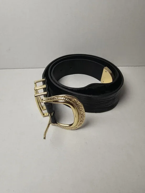 Topshop Faux Croc Black Women's Belt with Decorative Gold Buckle Size S/M 19x15