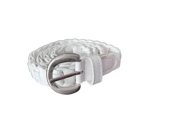 White Braided Skinny Belt Womens Small Leather Woven Chrome Tone Buckle